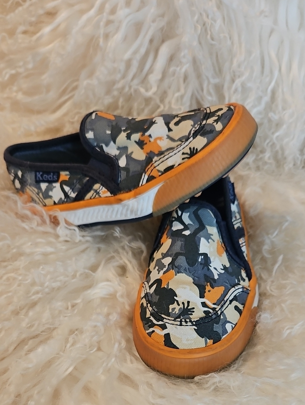 Keds Slip-On Sneakers in Navy, Orange & Cream Camo